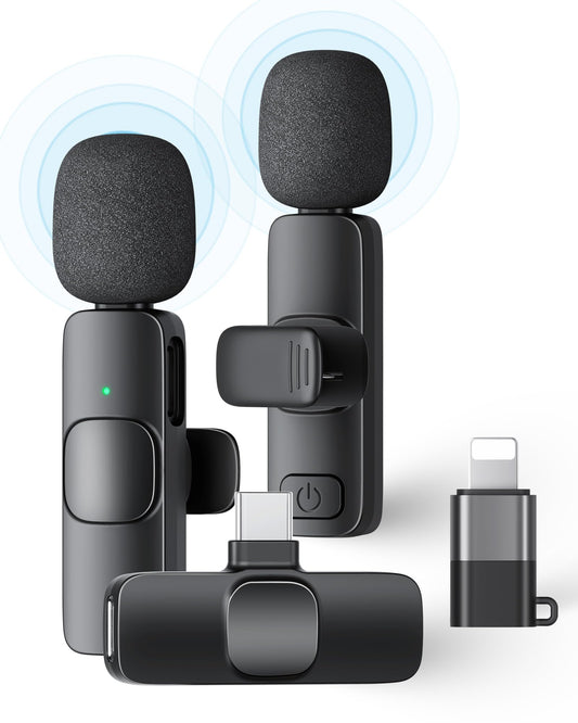 2 Pack Wireless Lavalier Microphone for iPhone iPad and Android Phone, Lapel Mic Plug and Play Wireless Mic Noise Reduction Mini Microphone for Video Recording Interview Podcast Vlog YouTube Tiktok