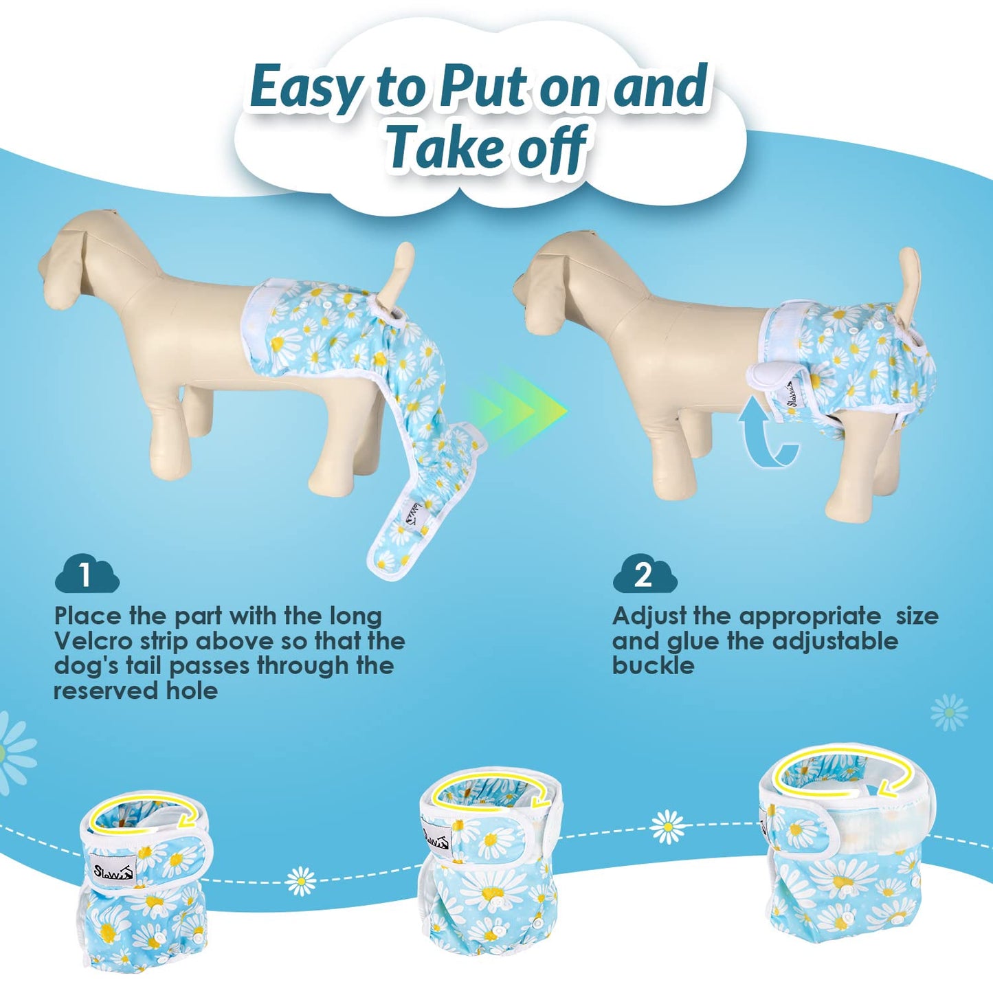 SlowTon Reusable Dog Nappies Female, 3 Pack No Leak Washable Dog Period Pants Super Absorbent Dog Heat Pants Comfortable Sanitary Dog Diapers Adjustable Buttons
