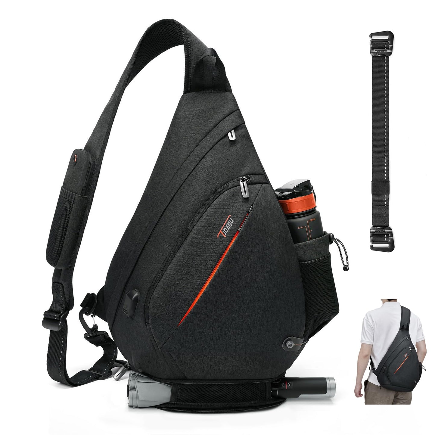 TUDEQU Sling Bags for Men,8 Pockets One Shoulder Backpack Large 19L,Crossbody,Single Strap,Black,Travel,Hiking,Women