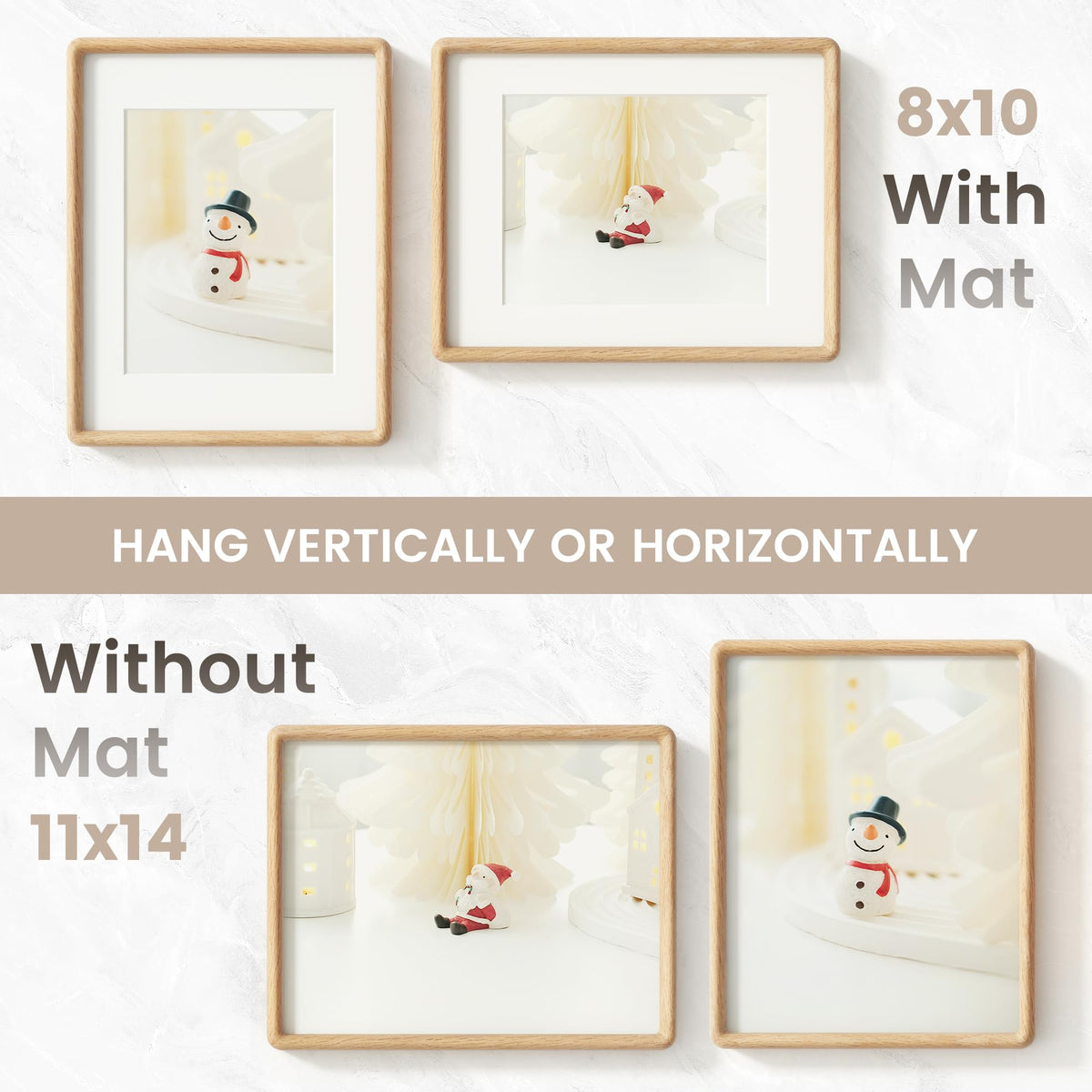 FLYJOE 11x14 Picture Frame, Natural Solid OAK Wood Photo Frame with HD Tempered Glass, Rounded Corner Frame 11 x 14 Matted to 8x10, Gallery Wall Frames for Art, Horizontal or Vertical Wall Mounting
