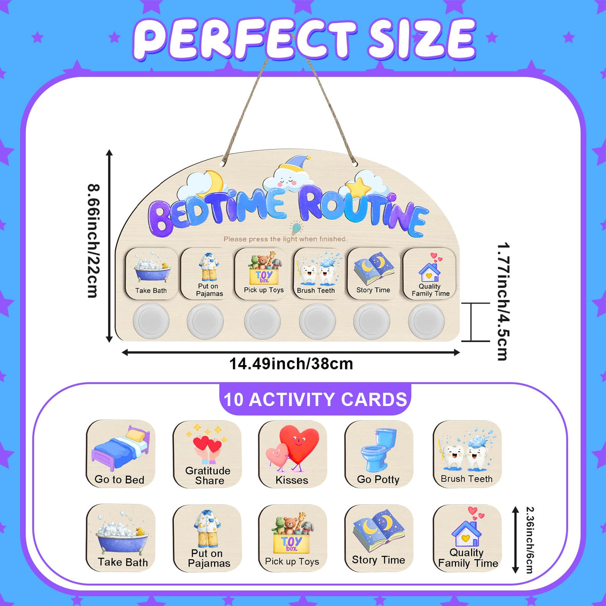 AINBIN Bedtime Routine Chart for Toddlers, Visual Schedule Chart Night to Do List with 6 Tap Lights & 10 Activity Cards Planning, Wooden Checklist Task Schedule Board for Kids, Autism, ADHD Planner
