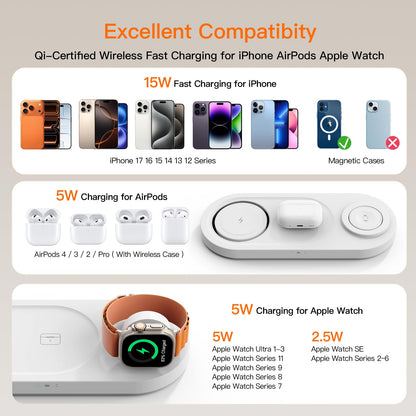 for Apple Watch 5W Fast Charger：3 in 1 Wireless Charging Station for Apple Mag-Safe Charger Stand,Fast Magnetic Wireless Charger Station for iPhone171615 14 13 12 Series,Airpods, Watch（Foldable