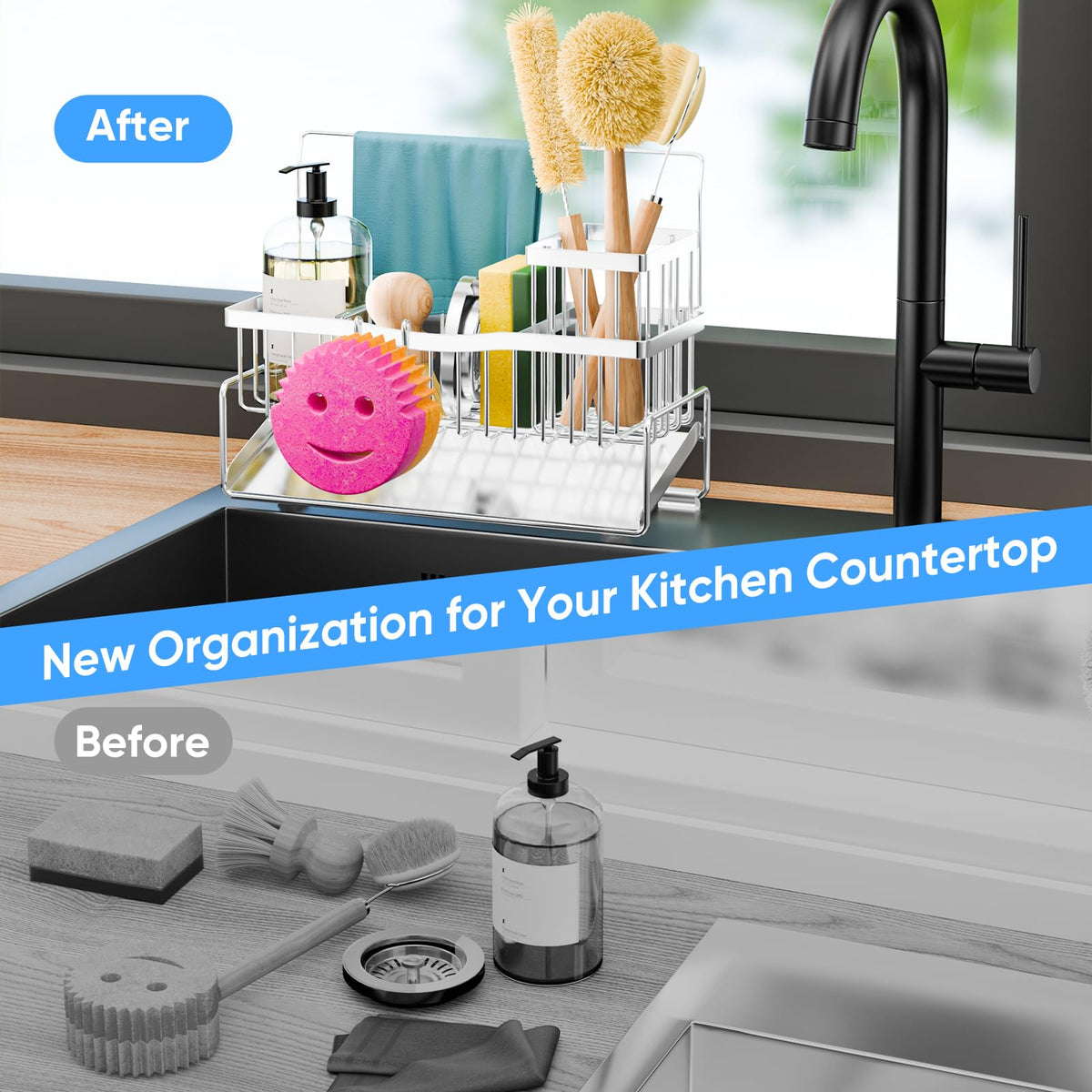 Adurei Sponge Holder for Kitchen Sink 304 Stainless Steel Self-Draining Sink Caddy with Smiley Face Sponge and Brush Holder Towel Bar and Divider Kitchen Gadgets Organizer for Countertop, Silver