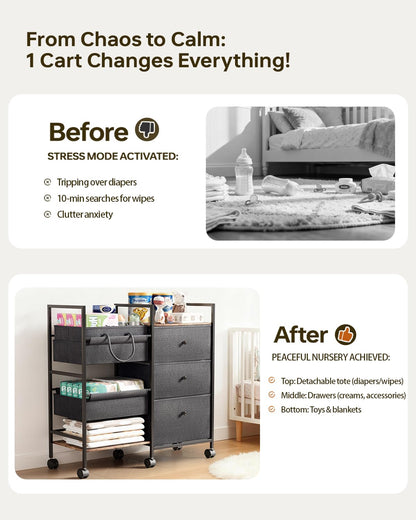2-in-1 Baby Diaper Caddy Organizer and Storage-3 Tier Rolling Baby Cart with Dividers and Drawers, Baby Essentials for Nursery Storage, Mobile Utility Cart with Wheels Large Capacity Easy To Assemble