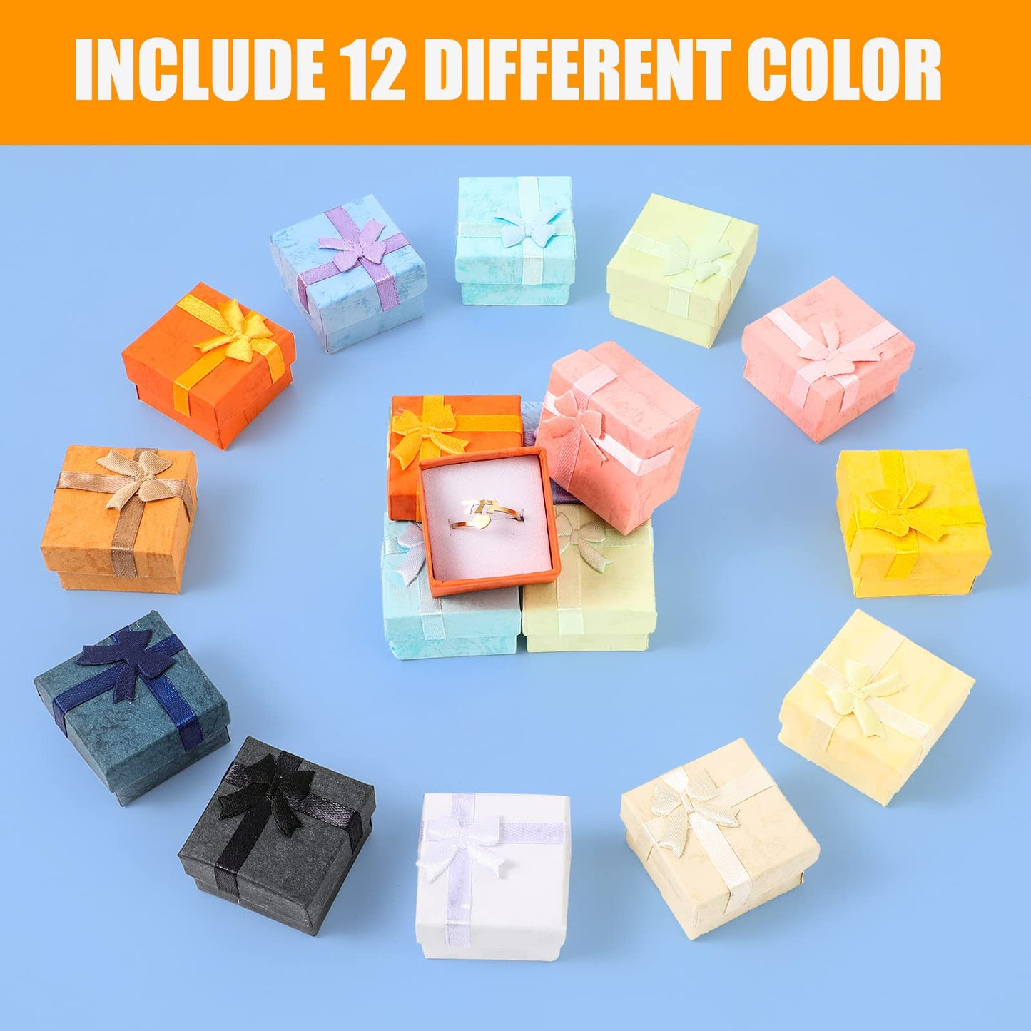 Sureio 24 Pack Jewelry Gift Boxes Jewelry Box Gift Cases Cotton Filled Cardboard Paper Box Bracelets Bangle Necklace Gift Case with Ribbon Bow for Birthday Wedding 12 Colors, 1.6 x 1.6 Inches