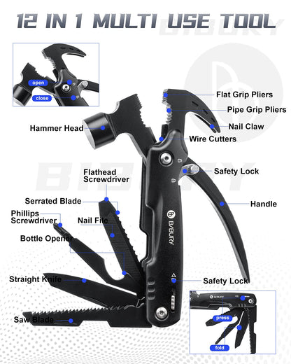 BIBURY Hammer Multitool, Fathers Day Gift from Daughter Son Wife, 12-in-1 Survival Gear Outdoor Multi Tool, Anniversary Birthday Gifts for Men, Cool Gadgets Survival EDC Multi-Tool