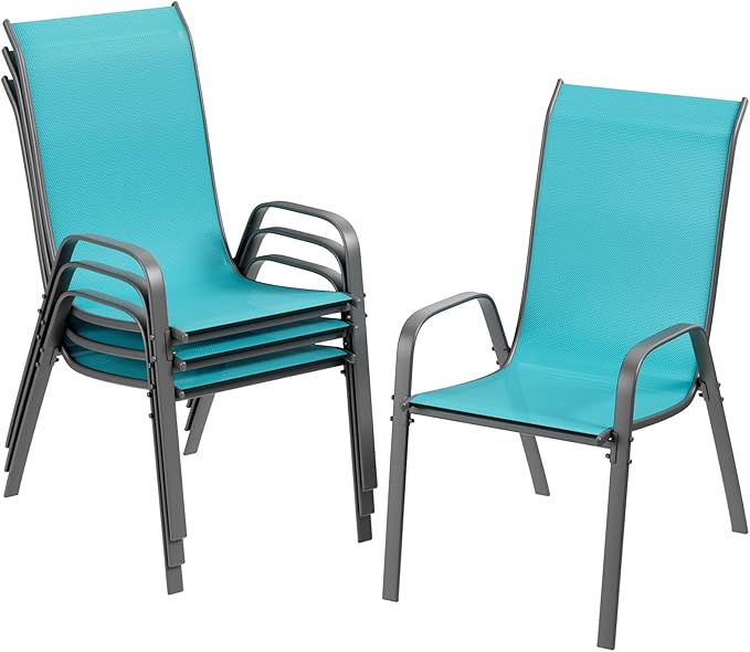 TLSUNNY Patio Chairs, Stackable Textilene Outdoor Dining Furniture for All Weather, with 17.7″ Wide Seat & Metal Frame, for Garden, Backyard, Deck, Restaurant, Poolside (4, Turquoise Blue, 26.4″)