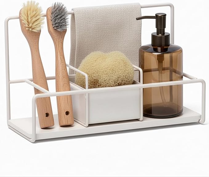 Kitchen Sponge Holder with Drying Stone – Warm Grey Powder Coated Metal Sink