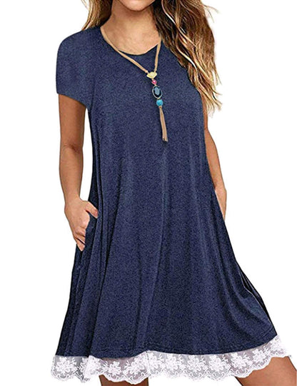 Halife Womens Cute Short Sleeve Pocket T-Shirt Dress Loose Summer Dresses Beach Cover Up Navy Blue,XXL