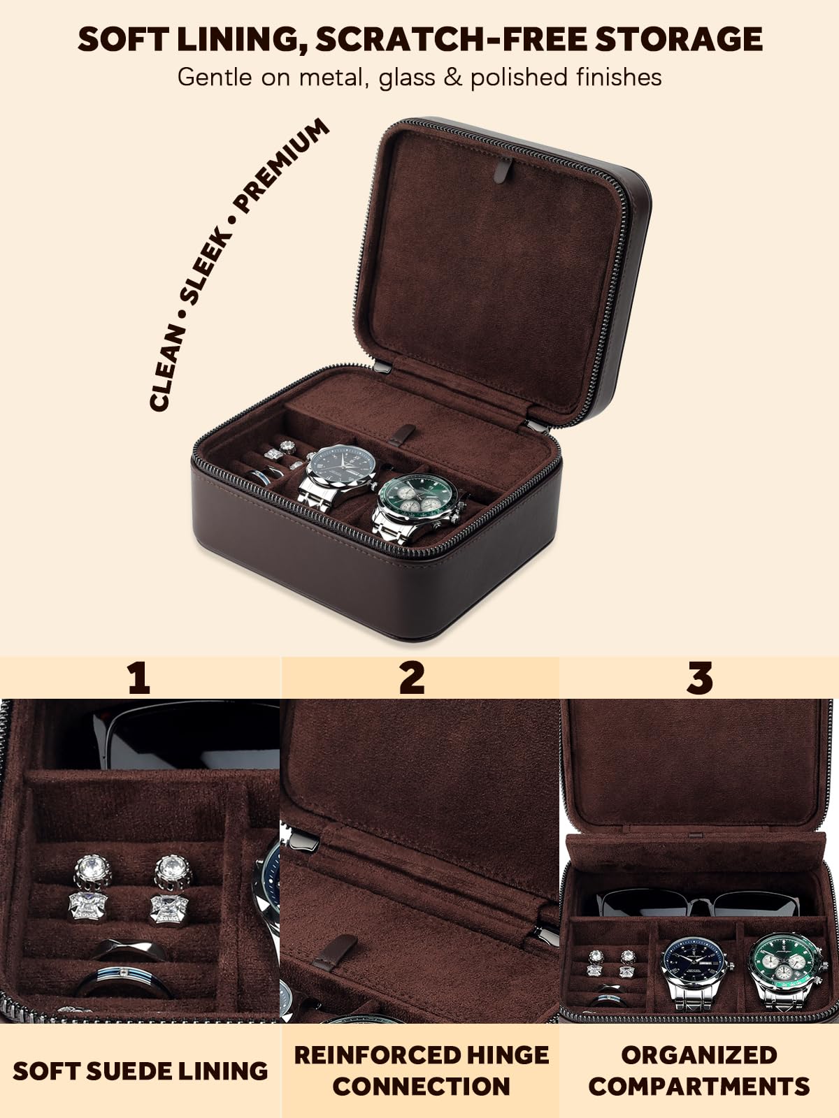 Lumayina Travel Watch Case for Men, Watch Box with Ring Rolls & Accessory Compartments, PU Leather Portable Men's Jewelry Organizer, Fits up to 50mm Watches, Gift for Him (Large – 2 Slot)