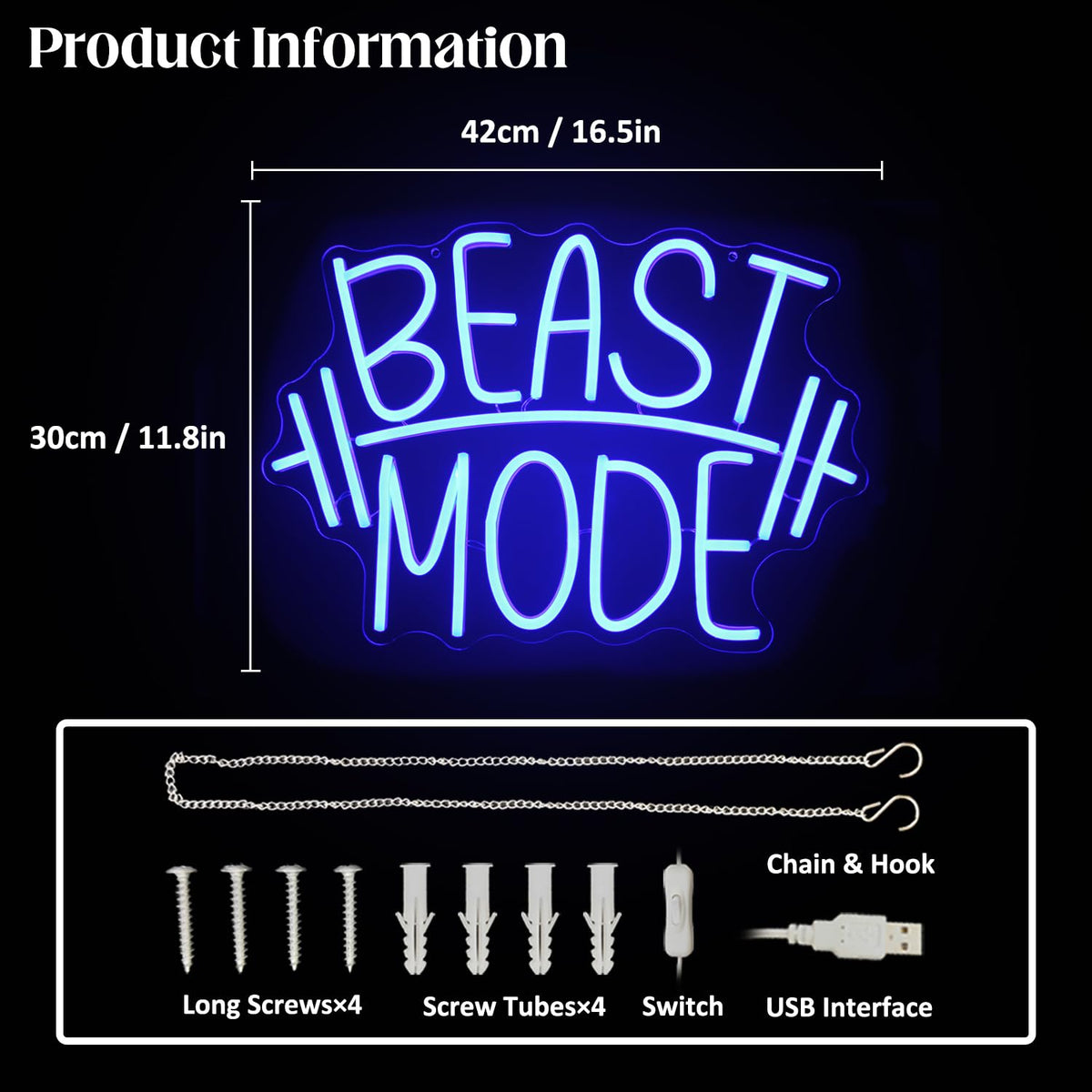 CKTBLEY Beast Mode Neon Sign Blue Letter Neon Gym Signs Motivational Wall Art Gym Decor Barbell LED Neon Lights Signs Dumbbell Neon Light for Bedroom Gym Sports Room Man Cave Decor