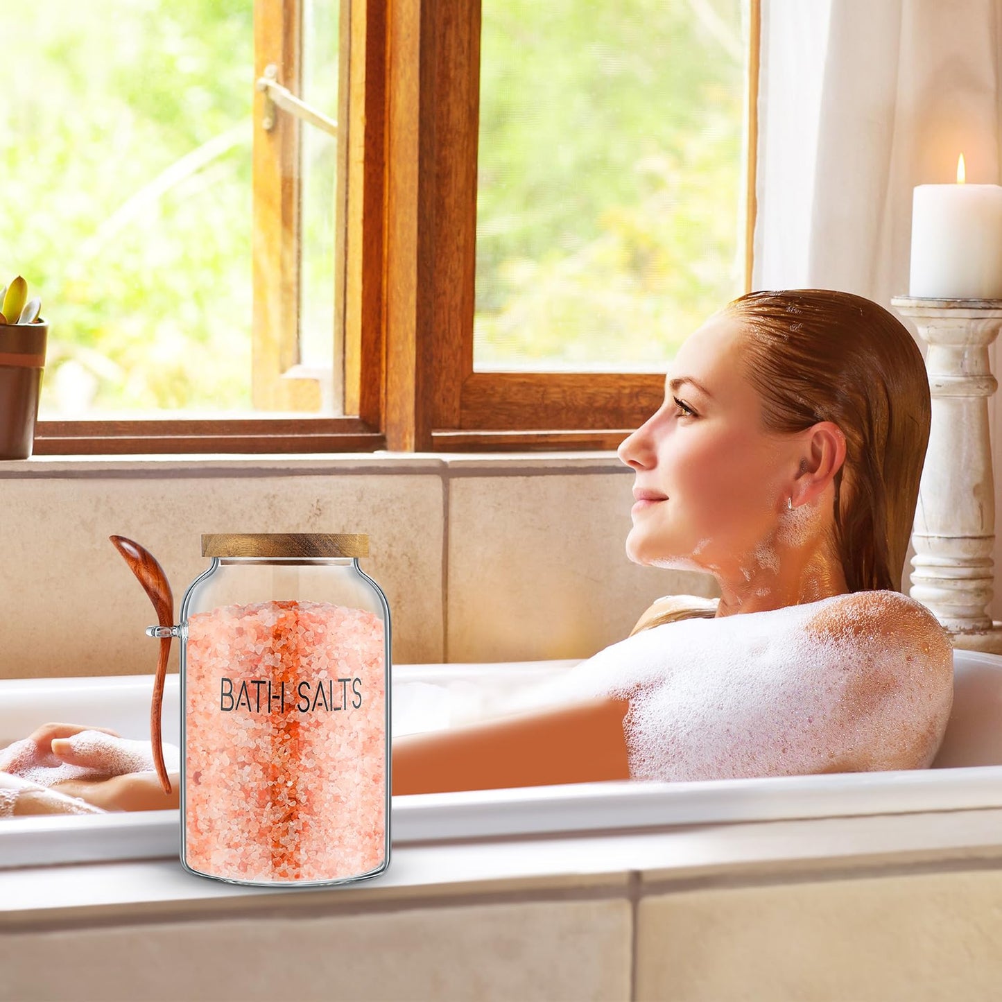 SiliFine 2 Pcs 94 oz Bath Salts Glass Jar with Wooden Lid, Bath Salt Container with Scoop, Airtight Storage Bathtub Accessories for Women
