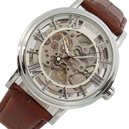 SEWOR Men's Mechanical Skeleton Transparent Vintage Style Leather Wrist Watch (Sliver)