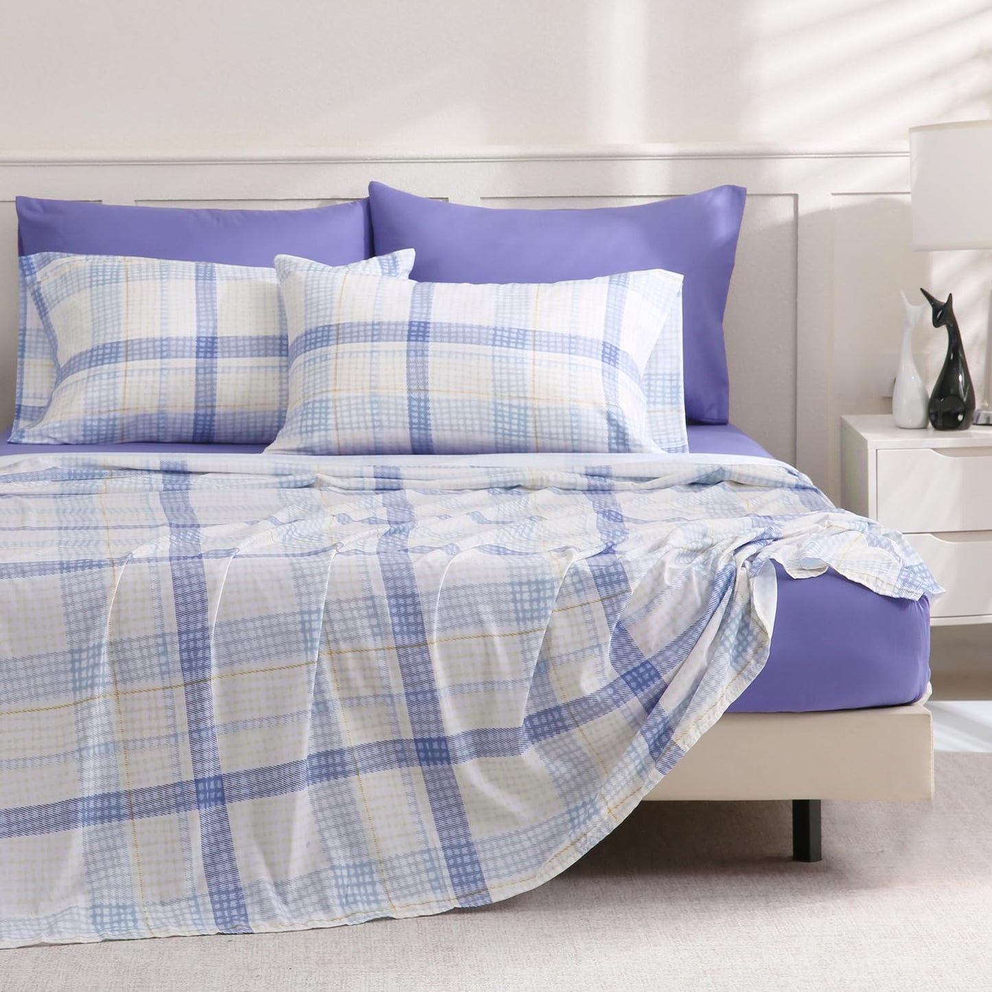 LONAVA Plaid Queen Size 6 Pcs Sheet Set, Breathable Microfiber Deep Pocket Peri Fitted Sheets, Comfy & Breathable Patterned Flat Sheets,4 Gentle Soft Pillowcases, Blue Plaid
