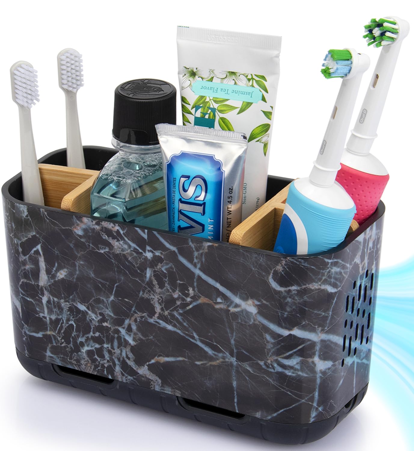 GFWARE Marble Toothbrush Holders, 5 Slots Bamboo Toothbrush and Toothpaste Holder for Bathroom Counter with Drainage, Kids Electric Toothbrush Organizer, Black Toothbrush Holders for Bathrooms