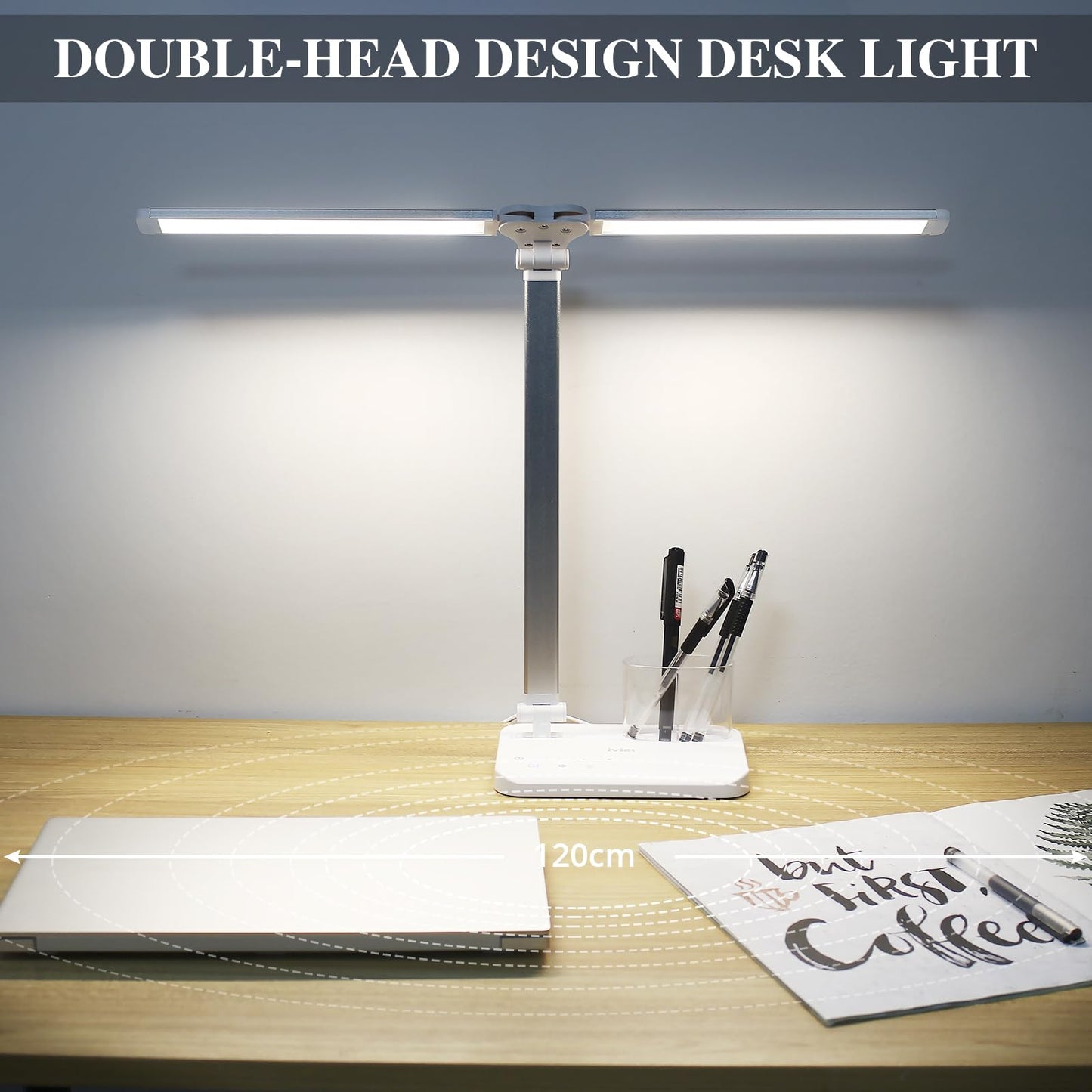 iVict Dual Swing Arm LED Desk Lamps, 5 Light Modes x 10 Brightness Levels Desk Light with USB Charging Port, 45 Minutes Auto Timer Table Lamp, Desk Lamp for Home Office, Bedroom, Reading