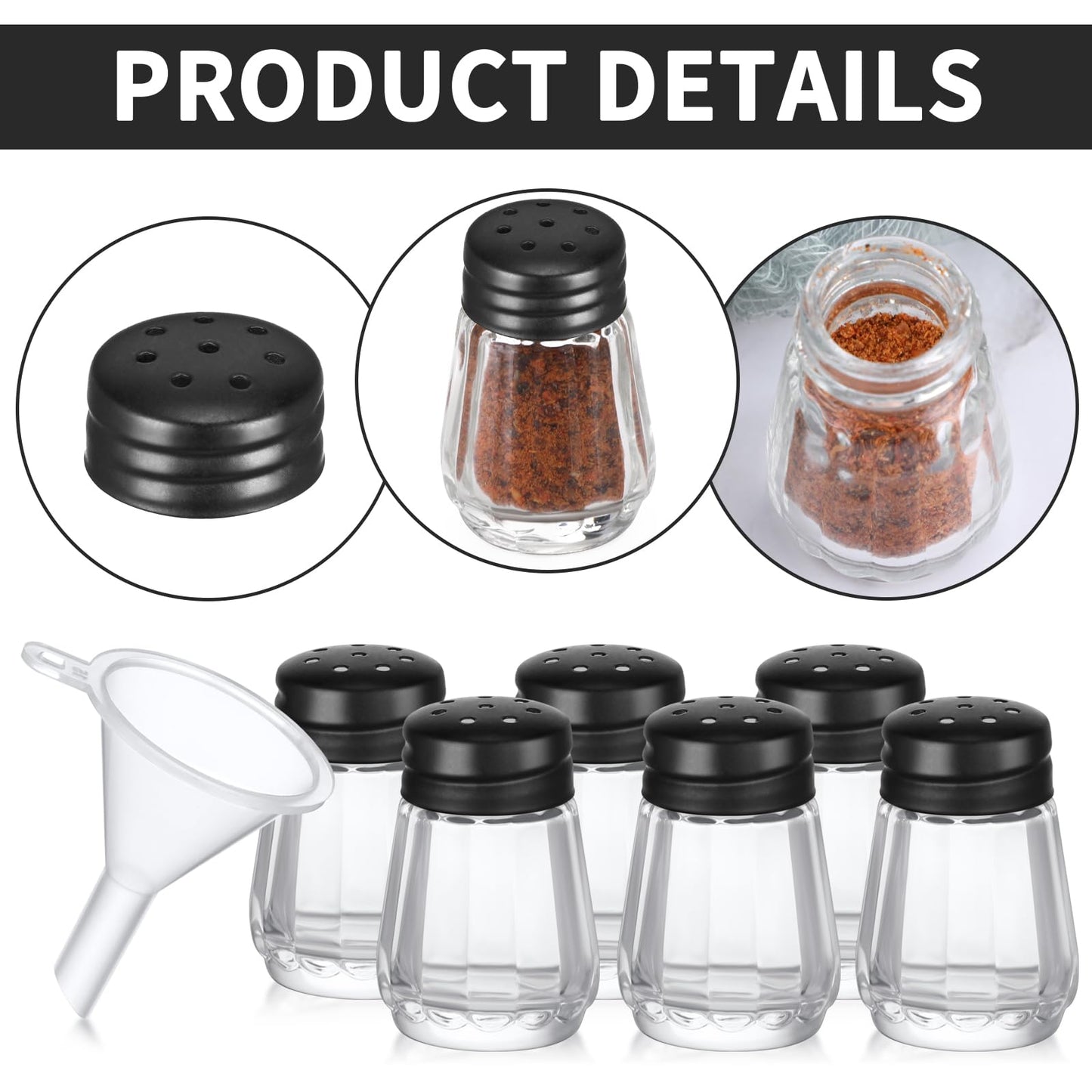 Potchen 0.5 oz Small Salt and Pepper Shakers with Funnels Clear Mini Glass Seasoning Jars Bulk Tiny Spice Glass for Wedding Party Restaurant Home Kitchen Travel Camp