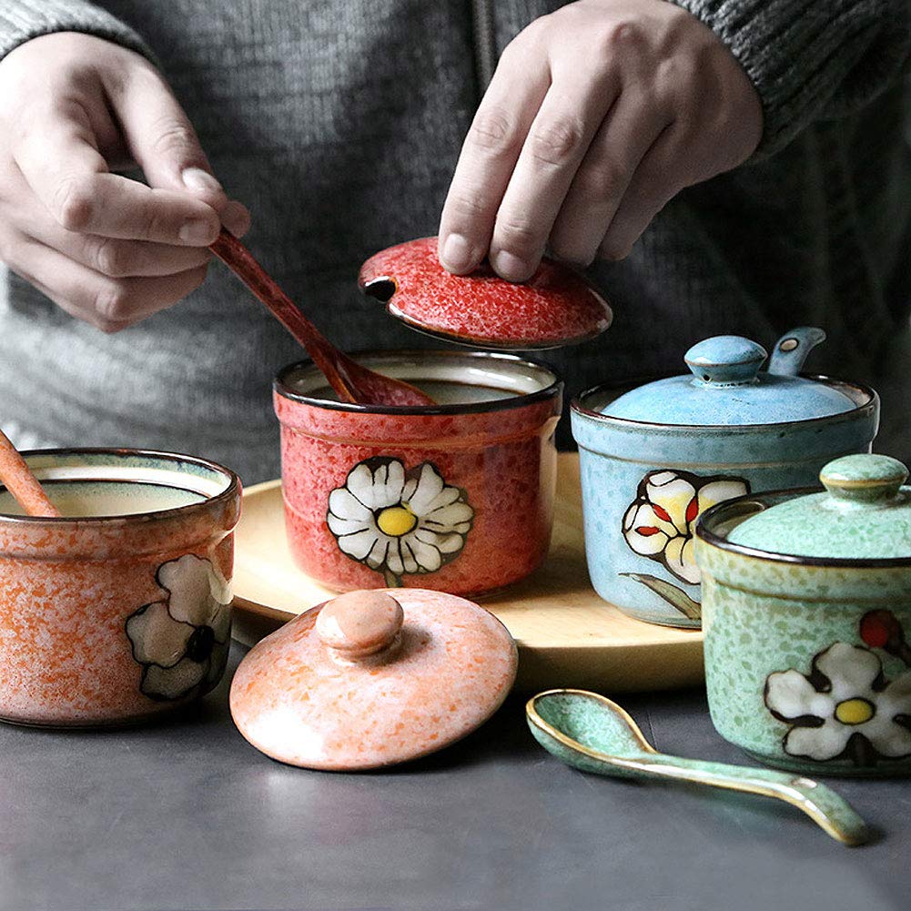 VanEnjoy Retro Hand Painted Flower Ceramic Round Sugar Bowls Spice Containers Porcelain Jar with Spoon Round Condiment