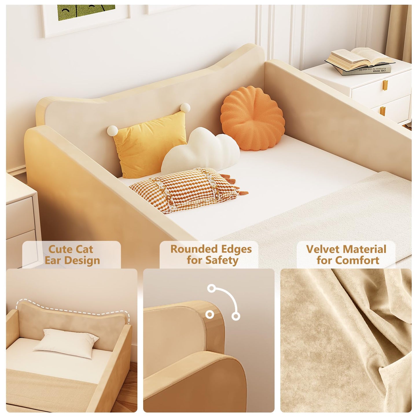 JOYMOR Toddler Bed, Floor Bed with Safety Guadrail, Montessori Toddler Bed with Animal Ear Shapes, Soft Velvet Wood Bed for Infant, Kids, Mattress not Included (Beige)