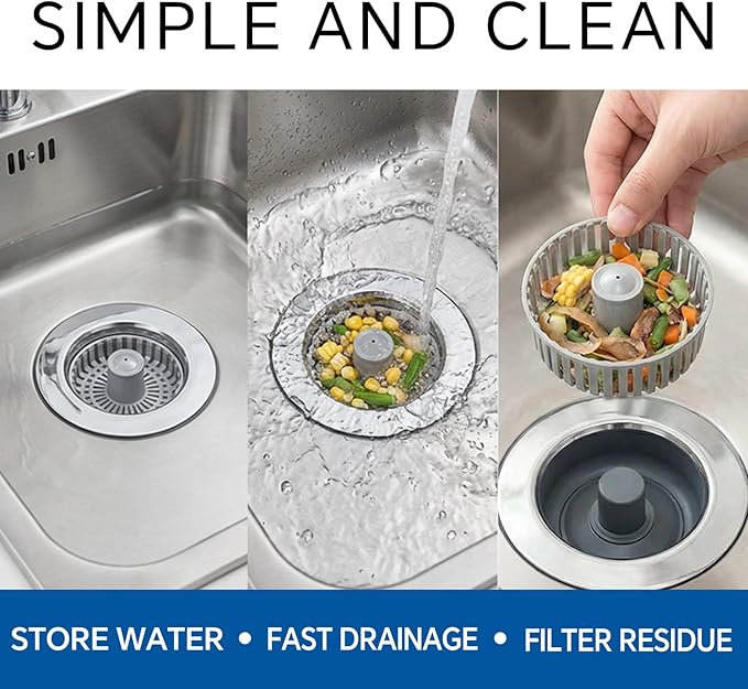 Solid Brass Body 3-in-1 Kitchen Sink Drain Strainer & Stopper, Heavy Duty Pop