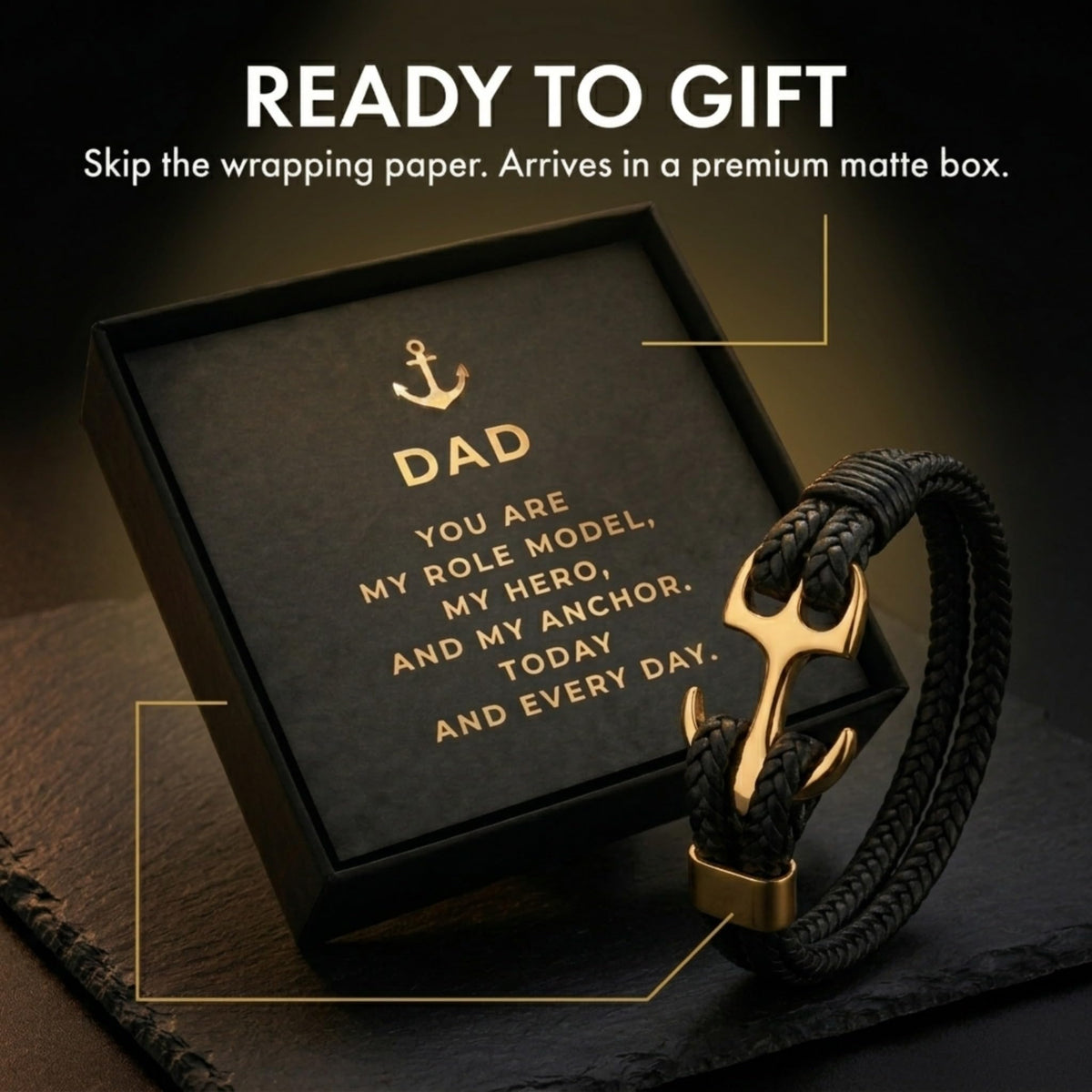 Studio Rockwood Men’s Anchor Bracelet with Gift Box and Card - Braided Leather Wristband - Gift for Dad, Husband, Boyfriend - Father’s Day, Anniversary, Birthday, Valentine’s Day (Gold, Dad)