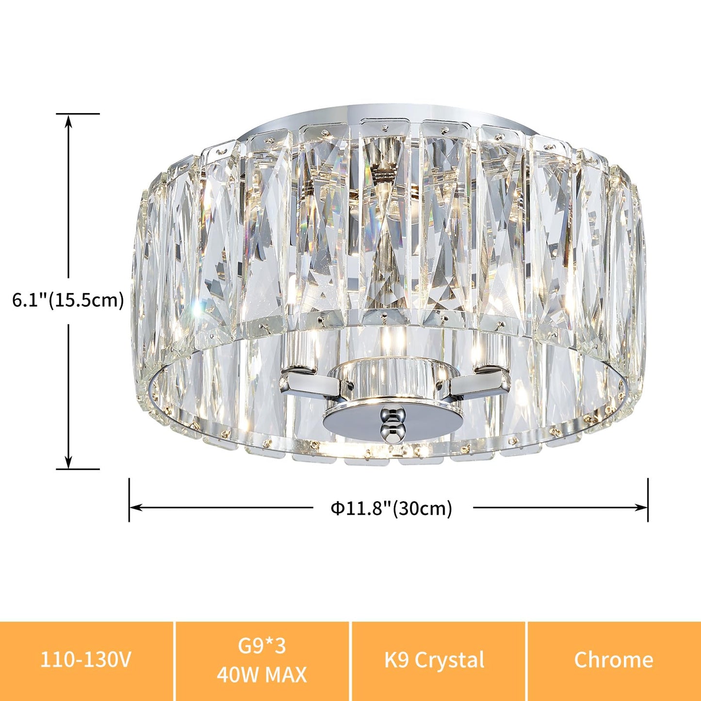 ElegLumi Crystal Ceiling Light, 3-Light Modern Flushmount Ceiling Light for Living Room, Dinning Room Hallway, D12xH9inch, Chrome Finish Frame & K9 Crystal