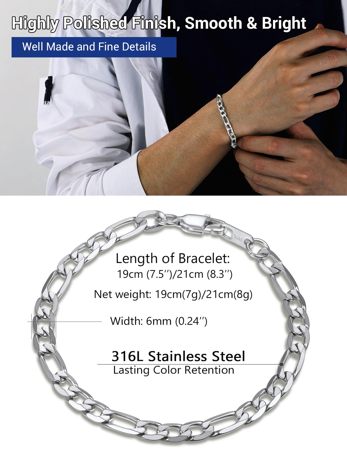 PROSTEEL Stainless Steel Figaro Link Chain Bracelet 6mm 7.5 Inch Men Jewelry