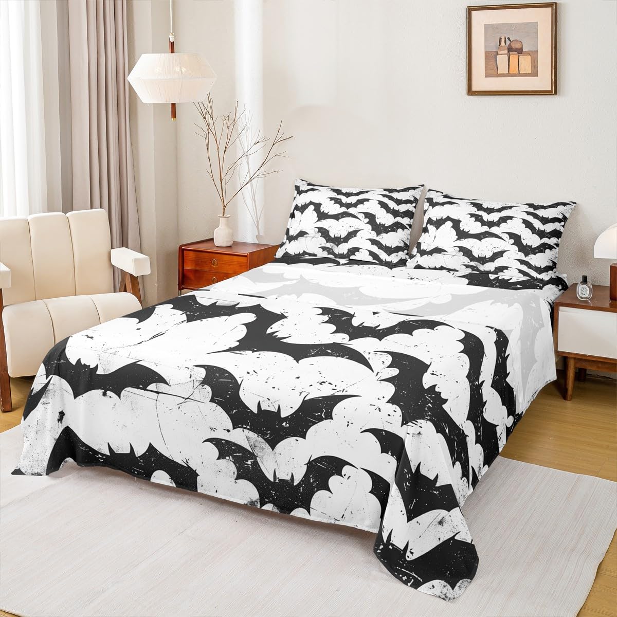 jejeloiu Halloween Decor Bed Sheets Set Twin Size Black Bats Bed Set for Kids Boys Girls Spooky Halloween Pattern Deep Pocket Fitted Sheet Animal Print Breathable Soft Lightweight Microfiber