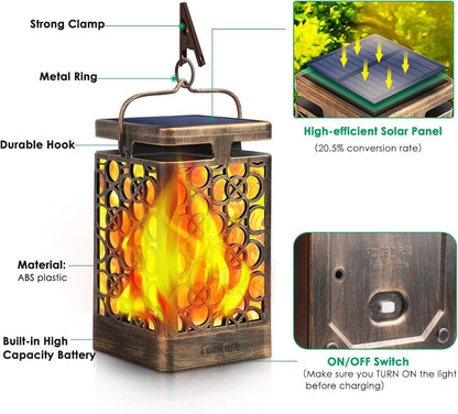TomCare Solar Lights Upgraded Solar Lantern Flickering Flame Outdoor Hanging Lantern Decorative Lighting Solar Powered Waterproof LED Flame Umbrella Lights for Patio Garden Deck, 4 Pack(Bronze)