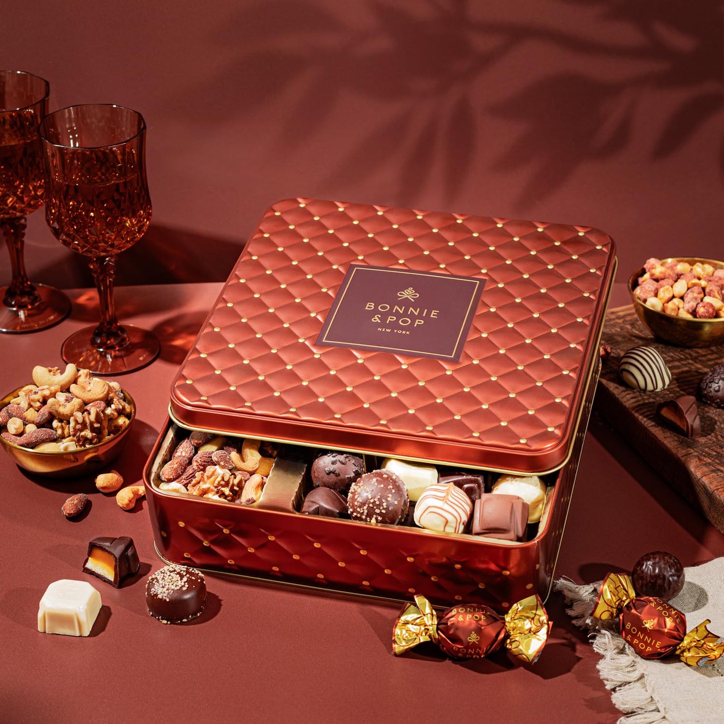 Gourmet Chocolate & Nut Gift Basket – Assorted Individually Wrapped Chocolates, Truffles, Cashews, Peanuts & Salty Nut Mix – Keepsake Gift Tin for Easter, Birthdays, Corporate, Family & Holiday Gifting- Bonnie and Pop