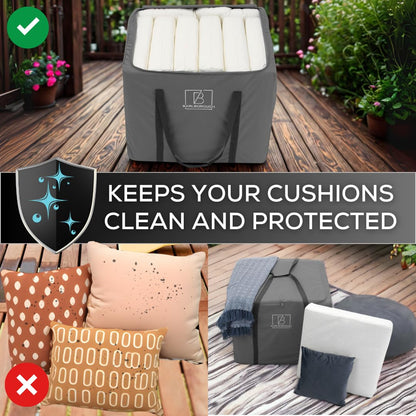 Barlborough Garden Cushion Protective Storage Bag Cover | Square Large 80 x 80 x 60cm | Waterproof Resistant with Zips for Outdoor Furniture Sofa Cushions Grey
