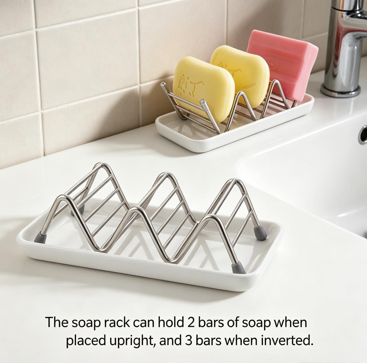 304 Stainless Steel Soap Holder with Ceramic Drain Tray, Rustproof Wire Rack Self-Draining Soap Dish Organizer for Bathroom Shower, Kitchen Sink, Countertop, Sponge Storage (Creamy White)
