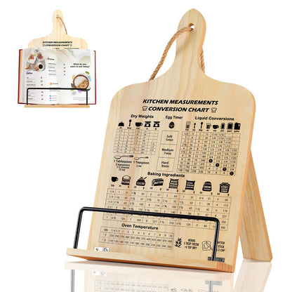 comfoyar Cookbook Stand for Kitchen Counter, Sturdy Recipe Book Holder with Adjustable Angle, Foldable Wood Cook Book Stand Holder with Measurement Conversion Chart for Baking, Easy Storage