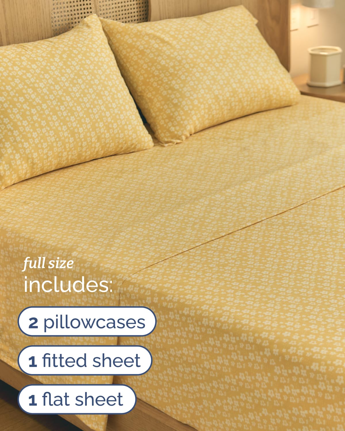 Floral Sheets - Yellow Floral Bed Sheet Set - 1 Flat, 1 Fitted & 2 Pillowcases w/ Deep Pockets - Comfy, Wrinkle & Fade Free - Boho Botanical Bedding - Ultra-Soft, Breathable & Cooling - Full Size Set