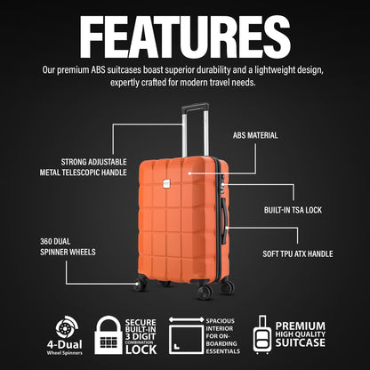 ATX Luggage Medium Suitcase on 4 Dual Spinner Wheels Super Lightweight ABS Hard Shell Hold Check in with Built-in TSA Lock (Orange, 65Liter)