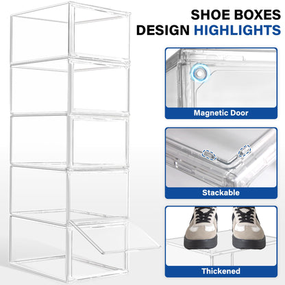 EZJOB 2 Pack Drop Front Shoe Boxes Acrylic Box Sneaker Case Size 12, Transparent Display Cases for Sneaker Collections, Baseball Caps, Hat Organizer Dust-free Shoe Cubbies Stackable Sneaker Boxes