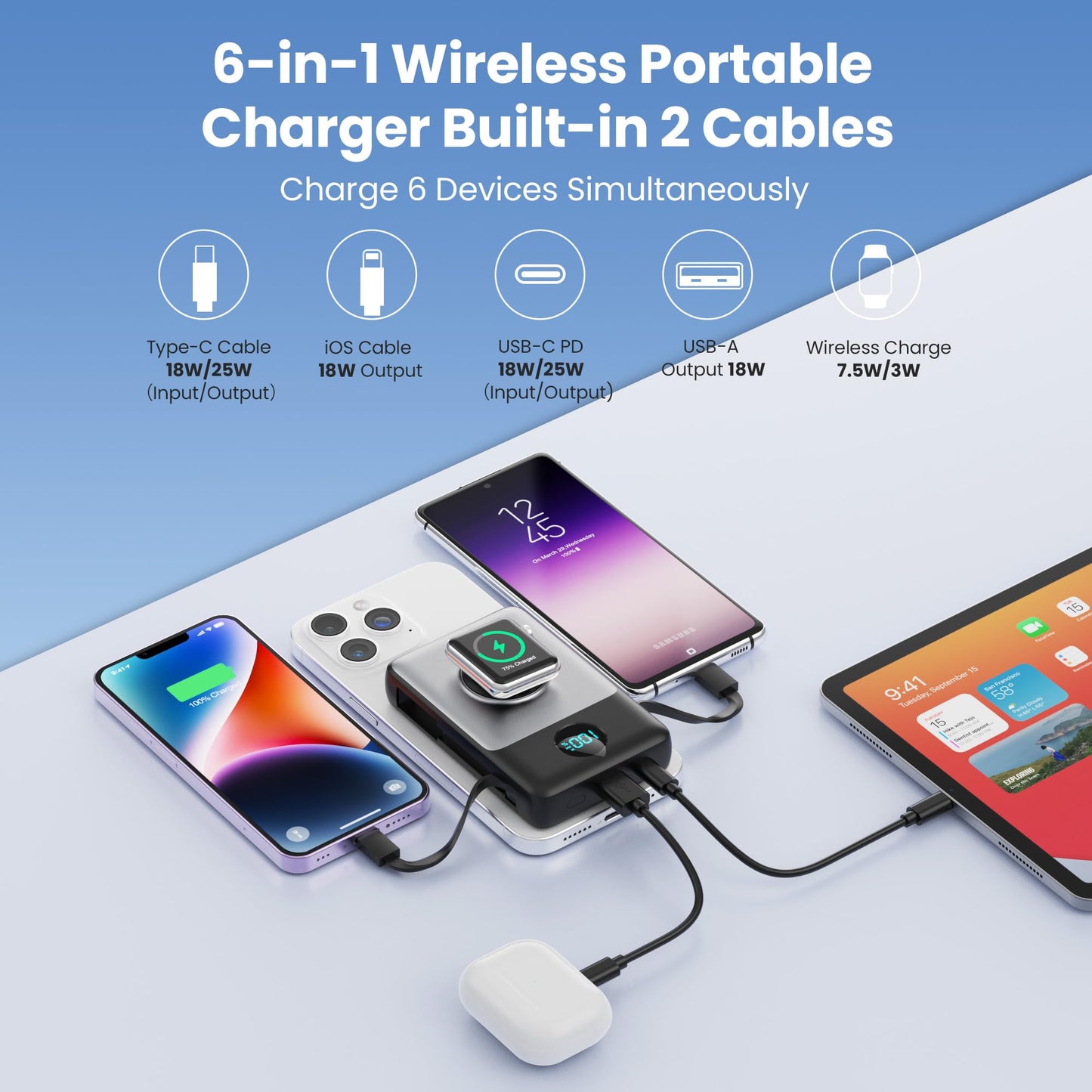 Magnetic Portable Charger 10800mAh for iPhone with Built-in Cables, 6-in-1 Wireless Power Bank with iWatch Charger, LCD Display 25W PD Fast Charging Battery Pack for iPhone 16/15/14/13/12, Apple Watch