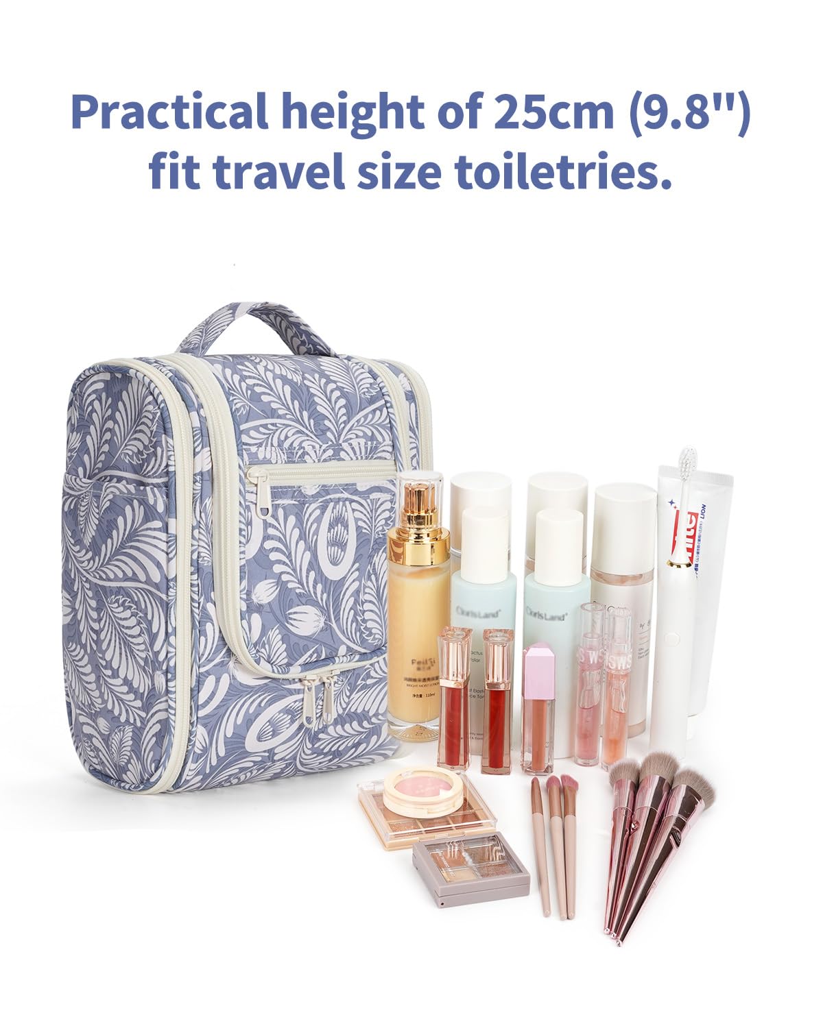 Narwey Hanging Toiletry Wash Bag, Travel Toiletry Bags for Women, Toiletries Bag Washbag Makeup Cosmetic Organiser for Holiday Essentials Accessories (Blue Leaf (Small))