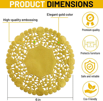 The Baker Celebrations Gold Foil 6-Inch Paper Lace Doilies – 100-Pack Decorative Round Placemats for Table Setting, Baking, Crafts – Made in Canada