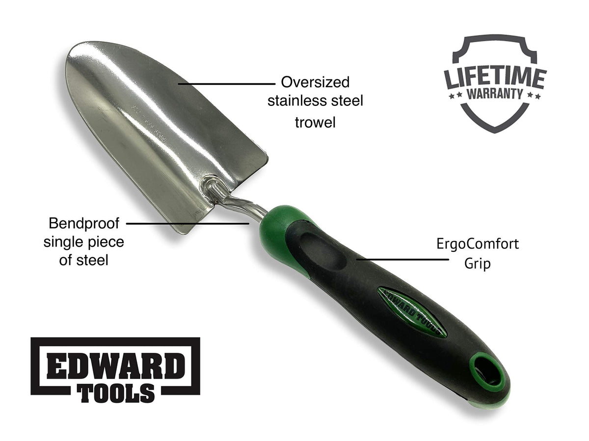 Edward Tools Bend-Proof Garden Trowel - Heavy Duty Polished Stainless Steel - Rust Resistant Oversized Garden Hand Shovel for Quicker Work - Digs Through Rocky/Heavy soils - Comfort Grip (1)