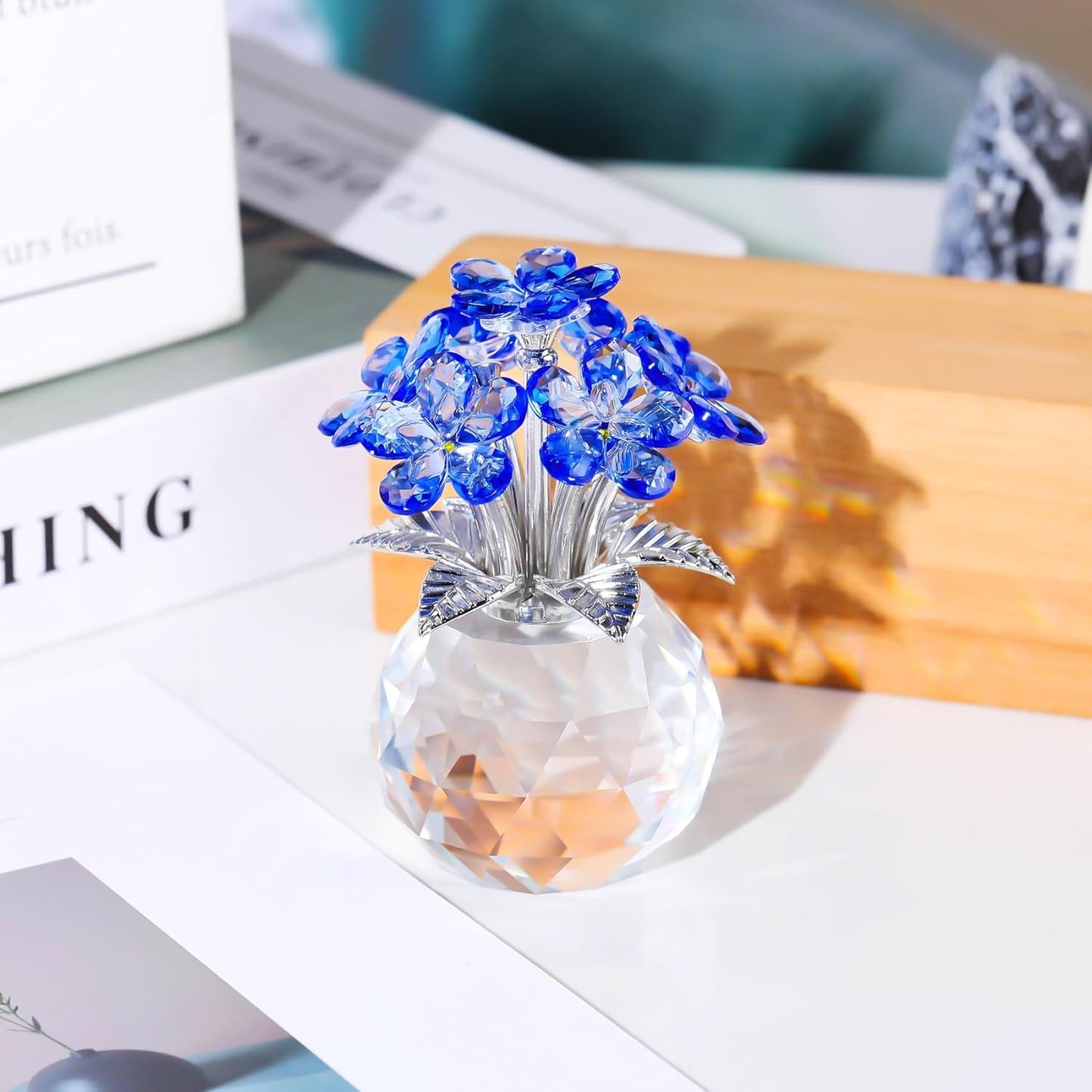 Qianwei Blue Forget Me Not Crystal Flowers - Sympathy Glass Flowers Collectible Figurines Decor Paperweight Ornament Home Office Table Desk Decorations