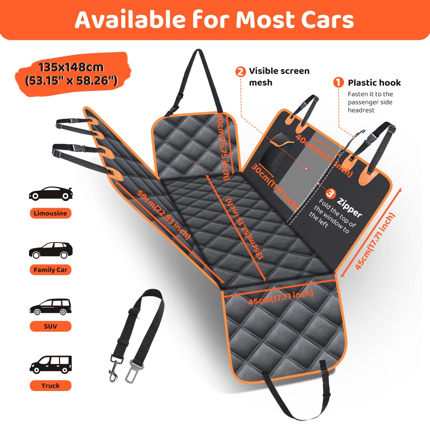 KYG Dog Hammock for Car Back Seats with Side Protection and Mesh Visual Window, Durable Scratch Proof and Waterproof Pet Seat Cover for Cars/Trucks/SUV, 135 x 148 cm, Black&Orange