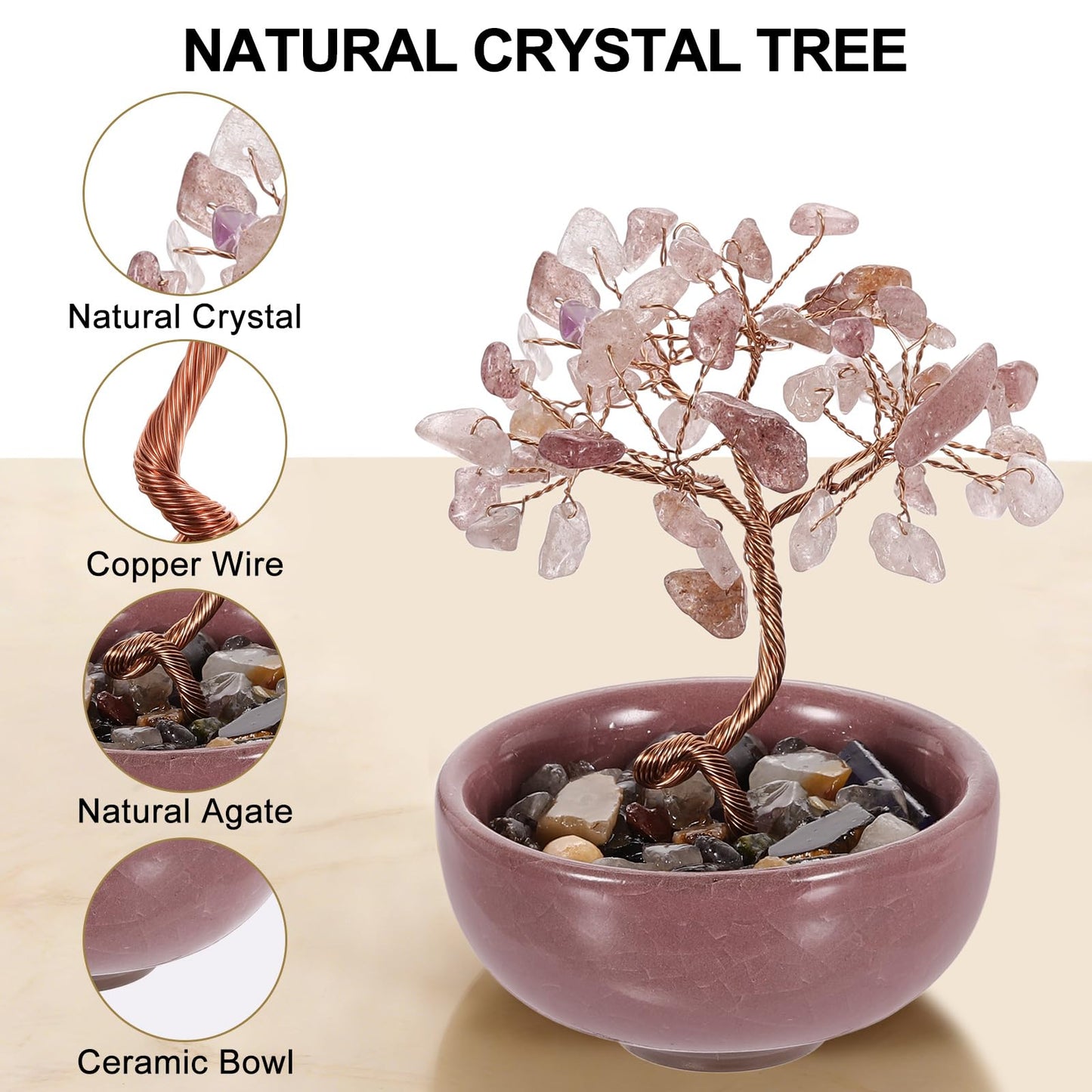 MECCANIXITY 7 Chakra Crystal Tree of Life, Natural Strawberry Crystal Gemstone Tree Handmade Feng Shui Bonsai with Agate Base for Positive Energy, Luck, Home Office Decor (4x2.4Inch Pink)
