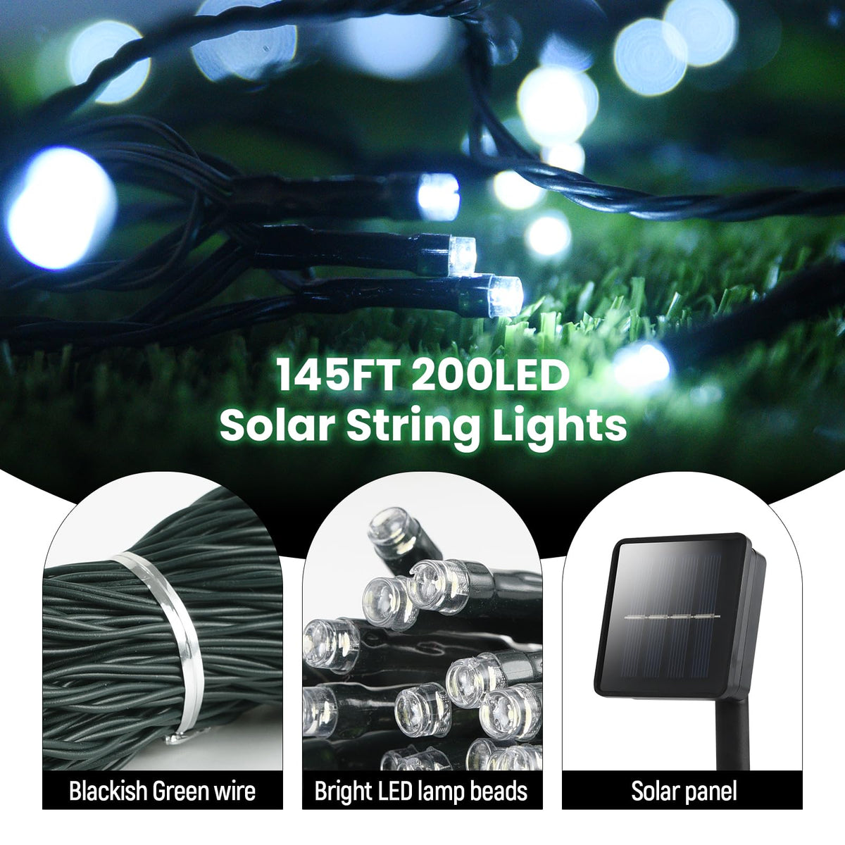 Dailyart Solar String Lights Outdoor, 2 Pack 200 Led Solar Fairy Lights for Outside Waterproof 145ft Cool White Solar Lights 8 Lighting Mode Solar String Lights for Outside,Garden,Courtyards,Trees