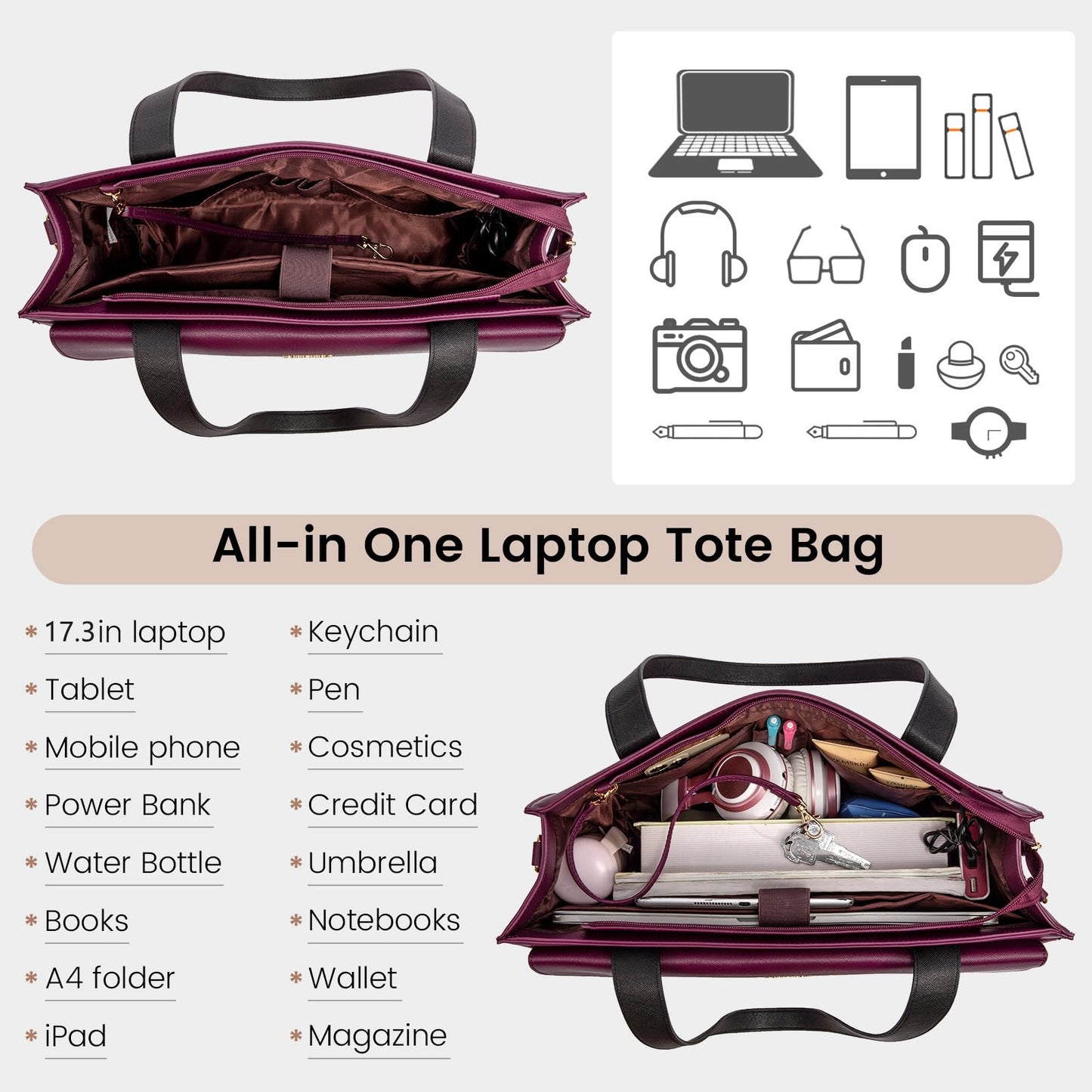 LOVEVOOK Laptop Bags for Women 17.3 Inch Ladies Work Bags Large Tote Bag with Laptop Compartment Designer Handbag Stylish PU Leather Briefcase for School Shoulder Bag for Office Business, Purple