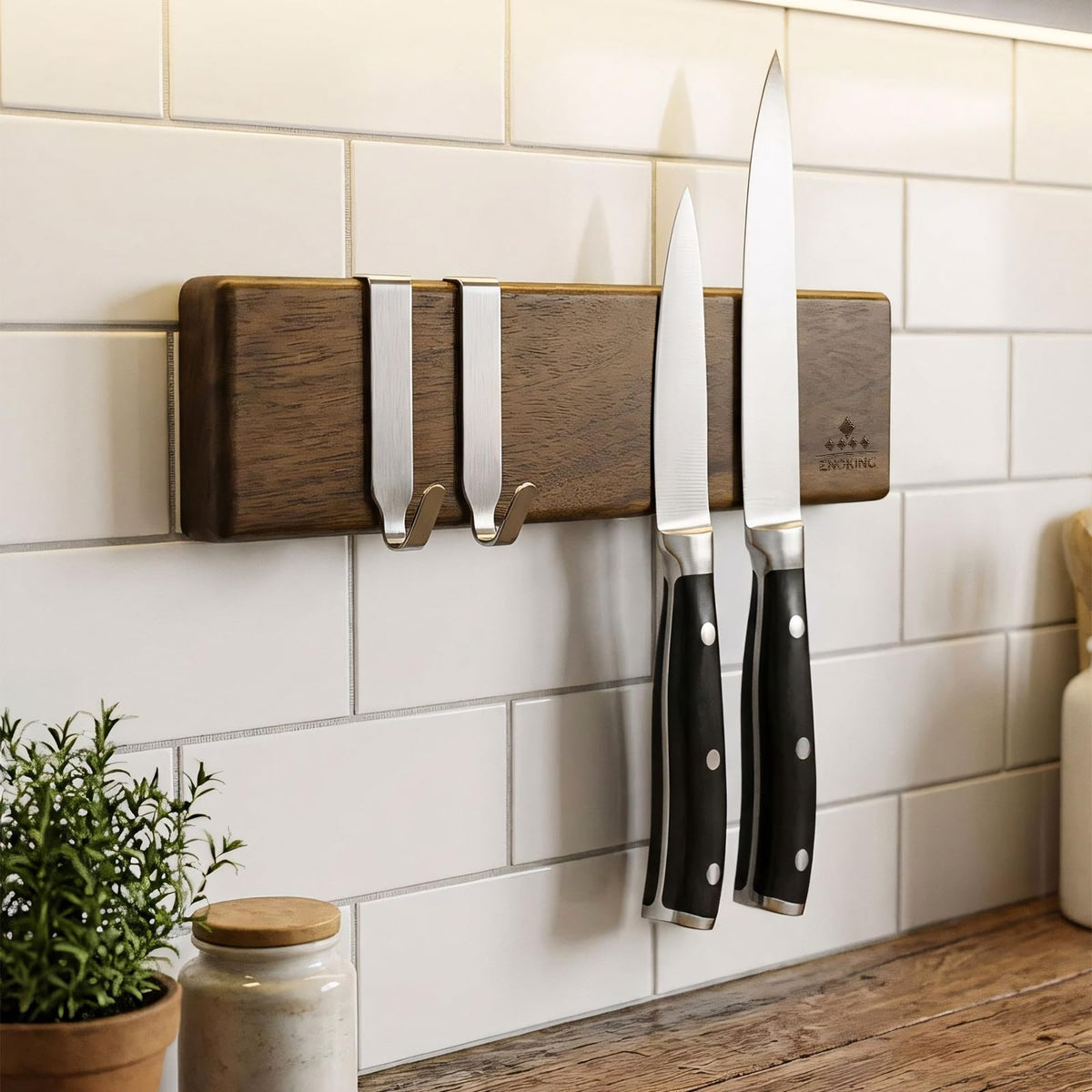 ENOKING 10Inch Magnetic Knife Holder for Refrigerator - Acacia Wood Knife Strip with Exquisite Gold-Foil Gift Box - Compact Knife Bar with 2 Hooks, No Drilling Solution