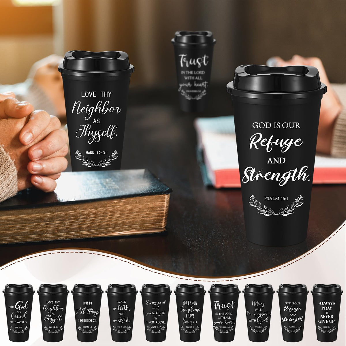 LemonRoad 40 Sets Christian Gifts Bulk 16oz Reusable Bible Verse Coffee Cups with Lids Cards and Gift Bags Inspirational Religious Gifts for Church Party (Black)