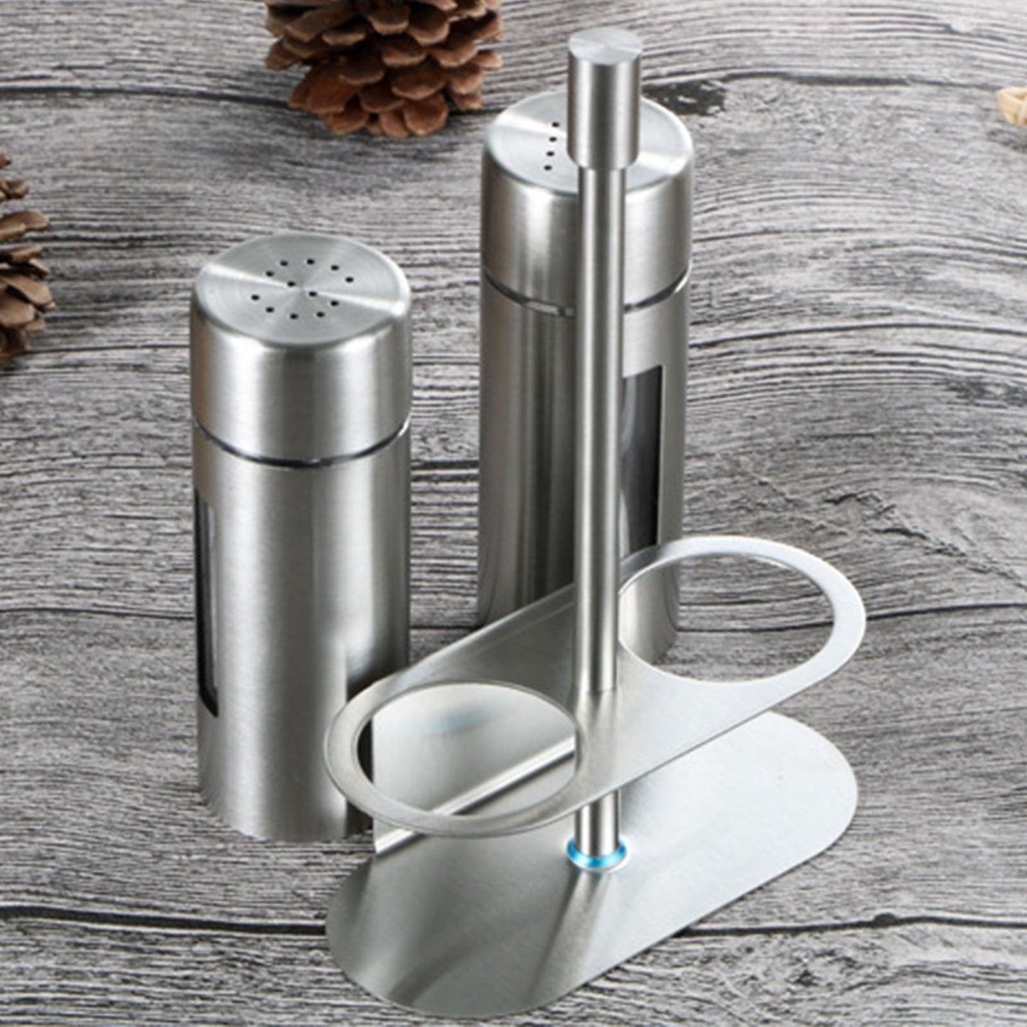 2 Pcs Salt and Pepper Shakers Set, Seasoning Grinder Bottle Set Stainless Steel Salt Pepper Containers Set with Shelf and Caps, Spice Rack for Kitchen (Large)