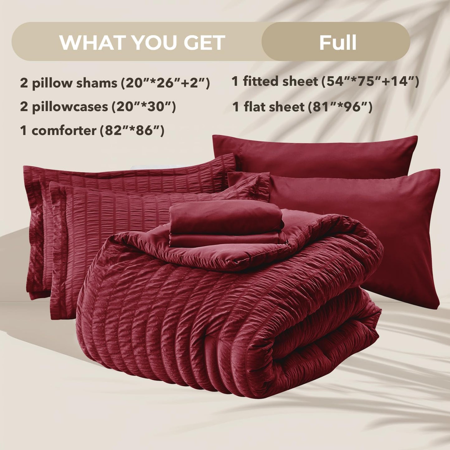 HYMOKEGE Burgundy Full Size Comforter Sets Seersucker 7 Pieces, All Season Luxury Bed in a Bag for Bedroom, Bedding Set with Comforters, Sheets, Pillowcases & Shams