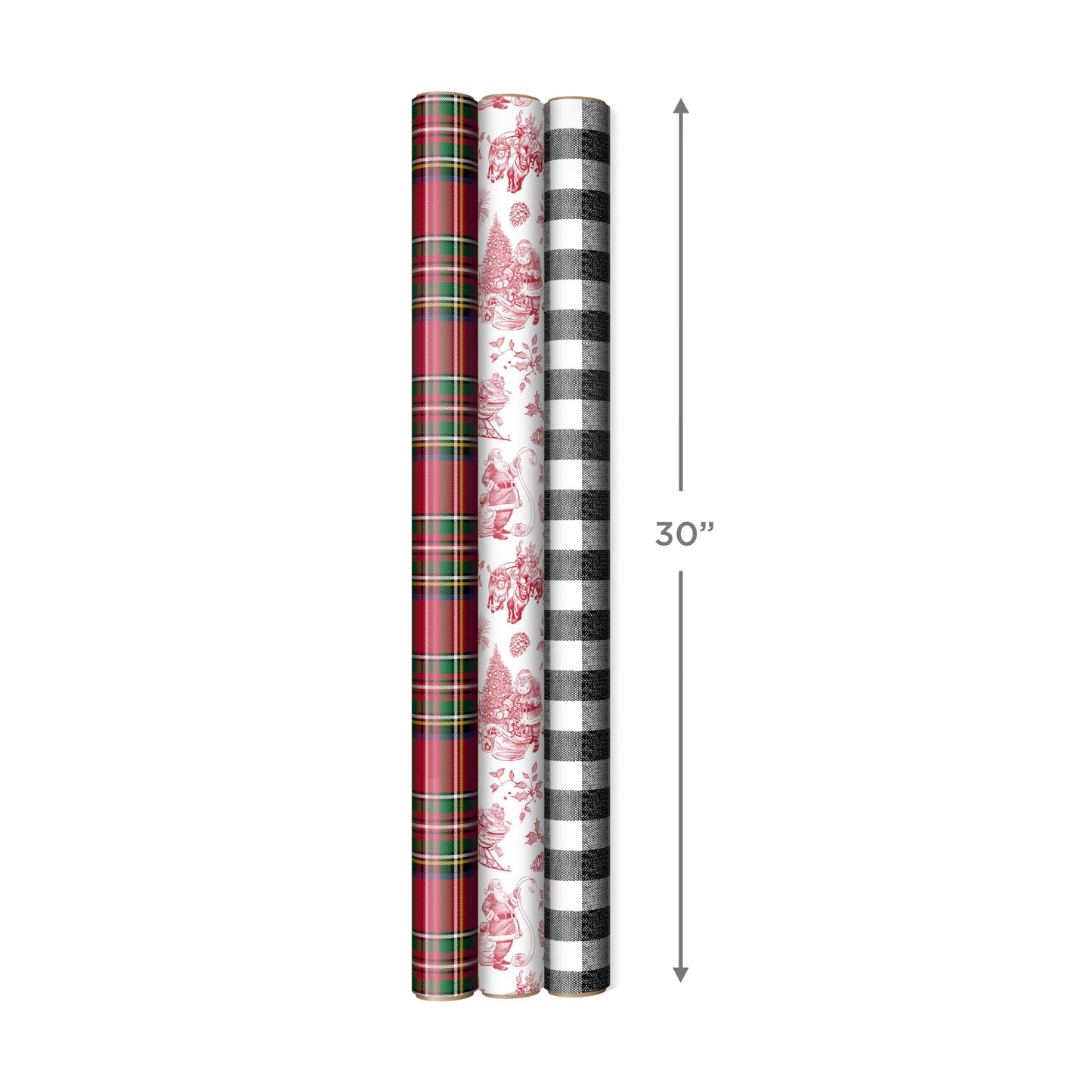 Hallmark Christmas Wrapping Paper Rolls, Holiday Plaid (3-Pack: 120 Sq. Ft. Ttl) Red Toile, Black Buffalo Check, Plaid for Christmas, Birthdays, Weddings, Crafts
